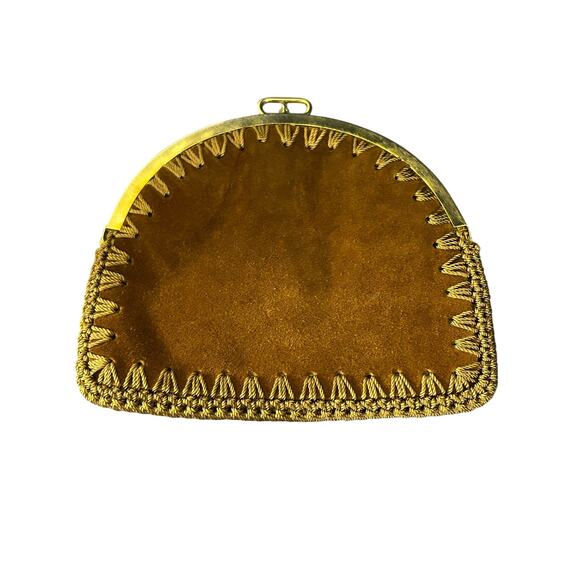 Vintage Neiman Marcus Made in Spain BOHO brown Suede Leather Gold Frame Clutch - Picture 1 of 4